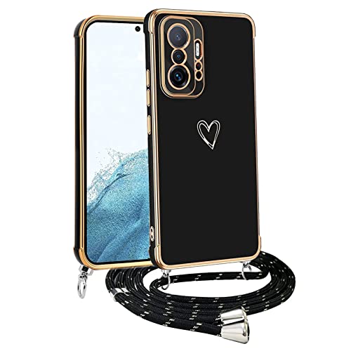 Handyhülle mit Band für Xiaomi Mi 11T / 11T Pro, Handykette Weich TPU Silikon Schutzhülle Kameraschutz Kratzfest Stoßfest Dünn Case Cover, Electroplated Cute Herz Mädchen Hülle,schwarz von Meeter