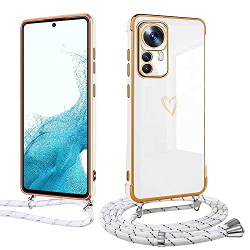 Handyhülle mit Band für Xiaomi Mi 12 Lite, Handykette Weich TPU Silikon Schutzhülle Kameraschutz Kratzfest Stoßfest Dünn Case Cover, Electroplated Cute Herz Mädchen Hülle,weiß von Meeter