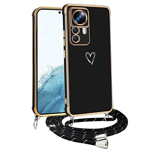 Handyhülle mit Band für Xiaomi Mi 12T, Handykette Weich TPU Silikon Schutzhülle Kameraschutz Kratzfest Stoßfest Dünn Case Cover, Electroplated Cute Herz Mädchen Hülle,schwarz von Meeter