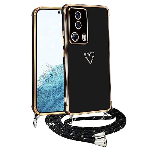 Handyhülle mit Band für Xiaomi Mi 13 Lite, Handykette Weich TPU Silikon Schutzhülle Kameraschutz Kratzfest Stoßfest Dünn Case Cover, Electroplated Cute Herz Mädchen Hülle,schwarz von Meeter