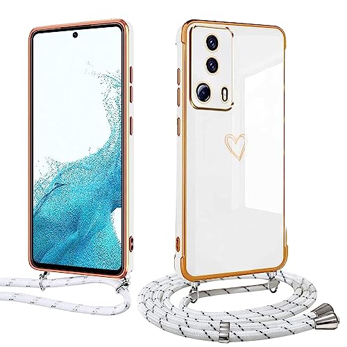 Handyhülle mit Band für Xiaomi Mi 13 Lite, Handykette Weich TPU Silikon Schutzhülle Kameraschutz Kratzfest Stoßfest Dünn Case Cover, Electroplated Cute Herz Mädchen Hülle,weiß von Meeter