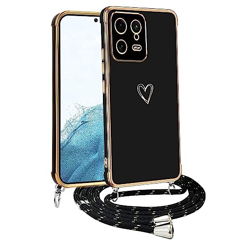 Handyhülle mit Band für Xiaomi Mi 13 Pro, Handykette Weich TPU Silikon Schutzhülle Kameraschutz Kratzfest Stoßfest Dünn Case Cover, Electroplated Cute Herz Mädchen Hülle,schwarz von Meeter