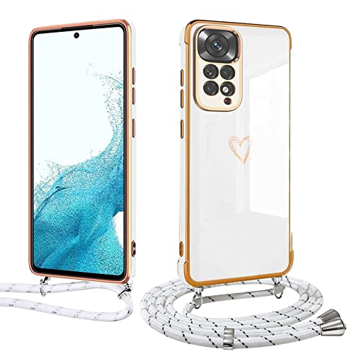 Handyhülle mit Band für Xiaomi Redmi Note 11 4G / Note 11S(4G), Handykette Weich TPU Silikon Schutzhülle Kameraschutz Kratzfest Stoßfest Dünn Case Cover, Electroplated Cute Herz Mädchen Hülle,weiß von Meeter