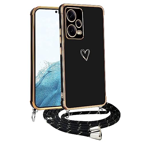 Handyhülle mit Band für Xiaomi Redmi Note 12 5G, Handykette Weich TPU Silikon Schutzhülle Kameraschutz Kratzfest Stoßfest Dünn Case Cover, Electroplated Cute Herz Mädchen Hülle,schwarz von Meeter