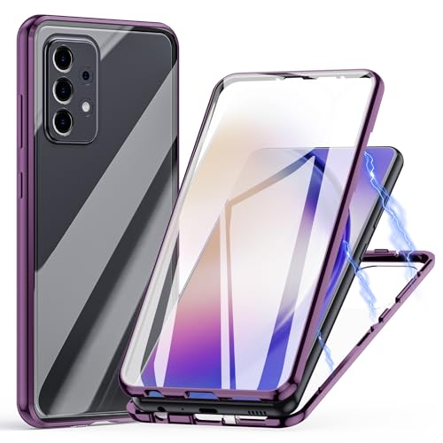 Hülle für Samsung Galaxy A52 / A52s 5G, Magnetische Adsorption Handyhülle 360 Grad Schutz Aluminiumrahmen mit Gehärtetes Glas, Starke Magneten Stoßfest Metall Flip Case Cover - lila von Meeter