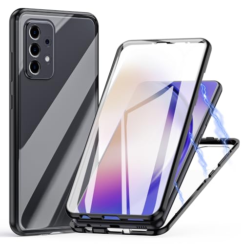 Hülle für Samsung Galaxy A52 / A52s 5G, Magnetische Adsorption Handyhülle 360 Grad Schutz Aluminiumrahmen mit Gehärtetes Glas, Starke Magneten Stoßfest Metall Flip Case Cover - schwarz von Meeter