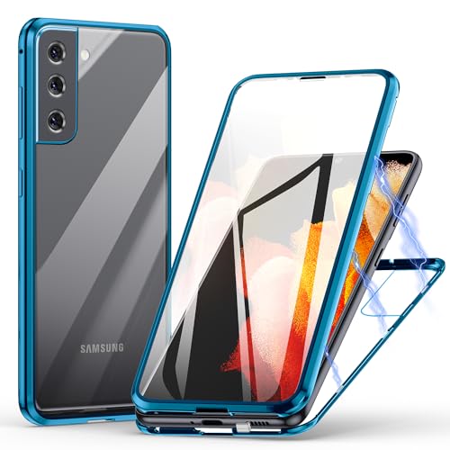 Hülle für Samsung Galaxy S21 5G, Magnetische Adsorption Handyhülle 360 Grad Schutz Aluminiumrahmen mit Gehärtetes Glas, Starke Magneten Stoßfest Metall Flip Case Cover - Blau von Meeter