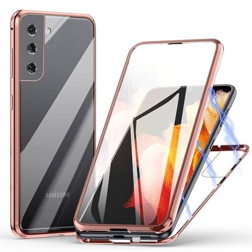 Hülle für Samsung Galaxy S21 5G, Magnetische Adsorption Handyhülle 360 Grad Schutz Aluminiumrahmen mit Gehärtetes Glas, Starke Magneten Stoßfest Metall Flip Case Cover - Rose Gold von Meeter