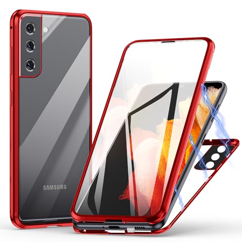 Hülle für Samsung Galaxy S21 5G, Magnetische Adsorption Handyhülle 360 Grad Schutz Aluminiumrahmen mit Gehärtetes Glas, Starke Magneten Stoßfest Metall Flip Case Cover - rot von Meeter