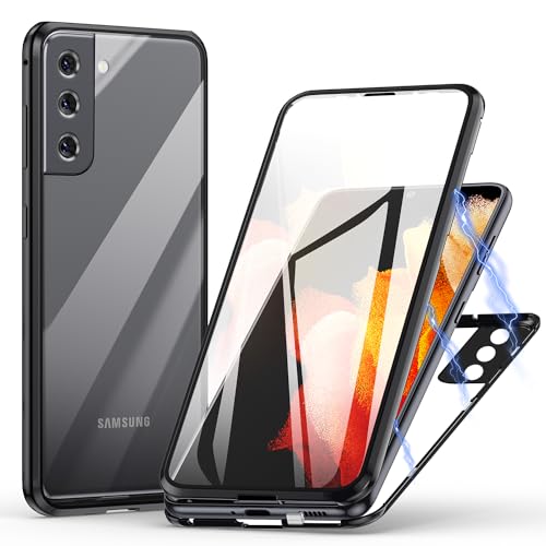 Hülle für Samsung Galaxy S21 5G, Magnetische Adsorption Handyhülle 360 Grad Schutz Aluminiumrahmen mit Gehärtetes Glas, Starke Magneten Stoßfest Metall Flip Case Cover - schwarz von Meeter