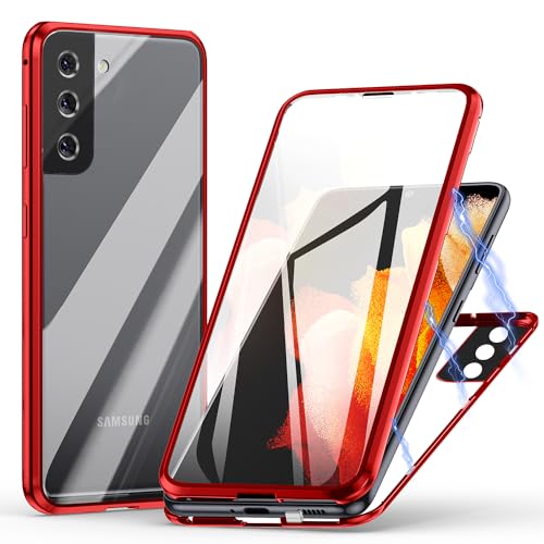 Hülle für Samsung Galaxy S21 FE 5G, Magnetische Adsorption Handyhülle 360 Grad Schutz Aluminiumrahmen mit Gehärtetes Glas, Starke Magneten Stoßfest Metall Flip Case Cover - rot von Meeter