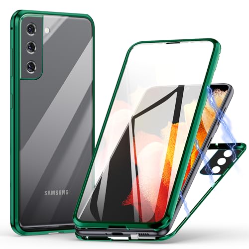 Hülle für Samsung Galaxy S22 5G, Magnetische Adsorption Handyhülle 360 Grad Schutz Aluminiumrahmen mit Gehärtetes Glas, Starke Magneten Stoßfest Metall Flip Case Cover - Grün von Meeter