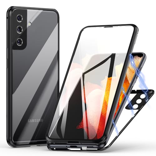 Hülle für Samsung Galaxy S23 FE, Magnetische Adsorption Handyhülle 360 Grad Schutz Aluminiumrahmen mit Gehärtetes Glas, Starke Magneten Stoßfest Metall Flip Case Cover - schwarz von Meeter