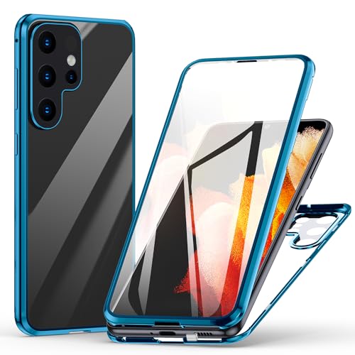 Hülle für Samsung Galaxy S23 Ultra, Magnetische Adsorption Handyhülle 360 Grad Schutz Aluminiumrahmen mit Gehärtetes Glas, Starke Magneten Stoßfest Metall Flip Case Cover - Blau von Meeter