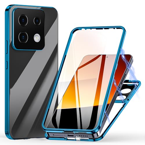 Hülle für Xiaomi Redmi Note 13 5G, Magnetische Adsorption Handyhülle 360 Grad Schutz Aluminiumrahmen mit Gehärtetes Glas, Starke Magneten Stoßfest Metall Flip Case Cover - Blau von Meeter