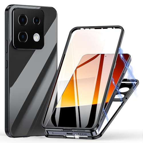 Hülle für Xiaomi Redmi Note 13 Pro 5G, Magnetische Adsorption Handyhülle 360 Grad Schutz Aluminiumrahmen mit Gehärtetes Glas, Starke Magneten Stoßfest Metall Flip Case Cover - schwarz von Meeter