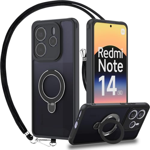 Hülle für Xiaomi Redmi Note 14 5G mit Magsafe, [Magnetischer Ständer Unsichtbarer Standring] Handykette Handyhülle mit Kette Case Matt mit Kordel Schutzhülle mit Schnur, Schwarz von Meeter