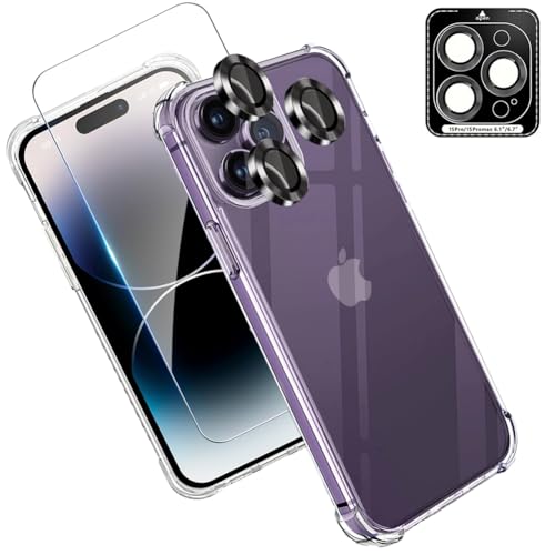 Hülle für iPhone 15 Pro, 3 in 1 mit Handyhülle + Schutzfolie + Kameraschutz, Clear Transparent TPU Bumper Case mit Panzer Schutz Glas Displayschutz Folie Kamera Schutzhülle 360 Grad Voller Schutz von Meeter