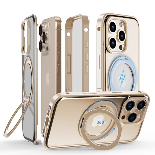 Hülle für iPhone 16 Pro Max 360 Grad mit Magsafe, Handyhülle Metallrahmen und Eingebaut Displayschutz Folie Full Body Komplettschutz Panzerhülle mit 360° Magnetischer Ständer Standring,Wüstensand von Meeter