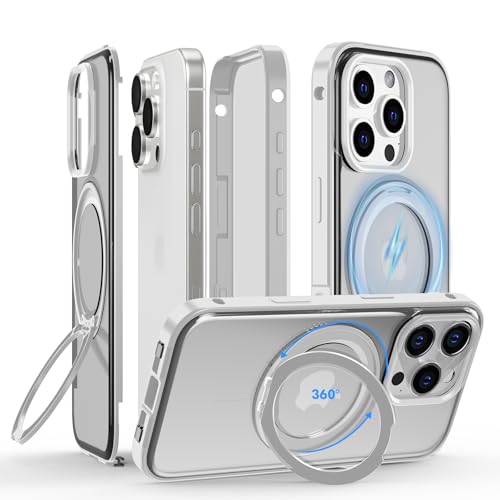Hülle für iPhone 16 Pro Max 360 Grad mit Magsafe, Handyhülle Metallrahmen und Eingebaut Displayschutz Folie Full Body Komplettschutz Panzerhülle mit 360° Magnetischer Ständer Standring,Titan Weiß von Meeter