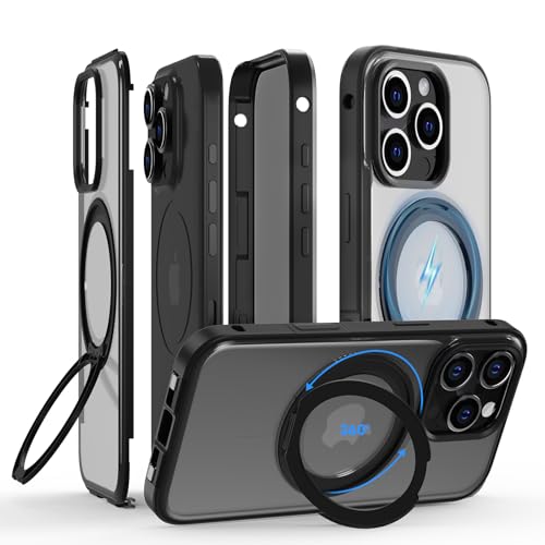 Hülle für iPhone 16 Pro Max 360 Grad mit Magsafe, Handyhülle Metallrahmen und Eingebaut Displayschutz Folie Full Body Komplettschutz Panzerhülle mit 360° Magnetischer Ständer Standring,Titan Schwarz von Meeter