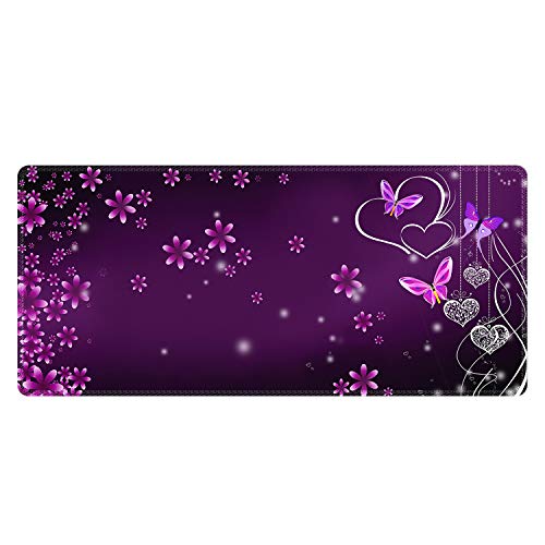 Meffort Inc Extra große erweiterte Gaming Schreibtischunterlage rutschfeste Gummipads genähte Kanten XXL XXL Mauspad 89,9 x 39,9 cm - Blumenherz Schmetterling von Meffort Inc