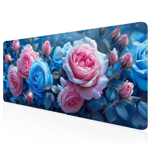 Blau Mousepad XXL 900x400x3mm Gaming Mauspad Rose Schreibtischunterlage mit Vernähte Kanten Wasserdicht Anti-Rutsch Groß Erweiterter Keyboard Pad für Home Office Computerzubehör S-83 von Mefooge