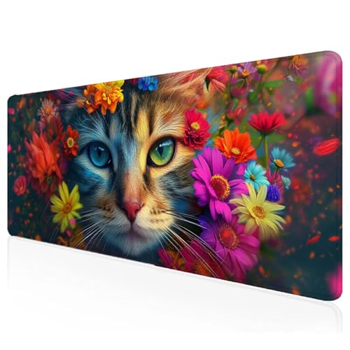 Gaming Mauspad XXL 1200x600x3mm Kat Mousepad Groß Vernähte Kanten Schreibtischunterlage Blume Wasserdicht Anti-Rutsch Gummibasis Keyboard Pad for Home Desk Office Deko,Geschenke S-74 von Mefooge