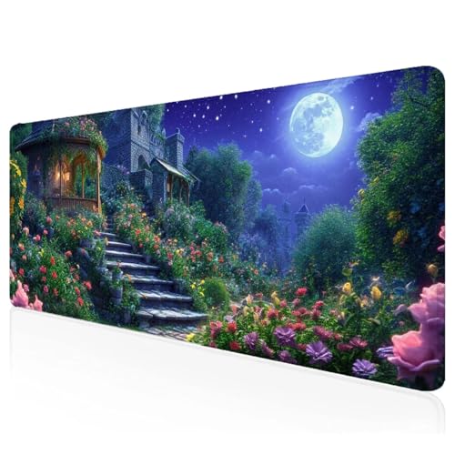 Gaming Mauspad XXL 1200x600x3mm Mond Mousepad Groß Vernähte Kanten Schreibtischunterlage Blume Wasserdicht Anti-Rutsch Gummibasis Keyboard Pad for Home Desk Office Deko,Geschenke F-77 von Mefooge