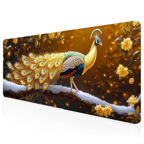 Gelb Mousepad XXL 600x300x3mm Gaming Mauspad Pfau Schreibtischunterlage mit Vernähte Kanten Wasserdicht Anti-Rutsch Groß Erweiterter Keyboard Pad für Home Office Computerzubehör S-46 von Mefooge