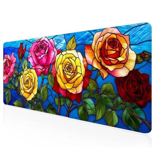 Gelb Mousepad XXL 700x400x3mm Gaming Mauspad Rose Schreibtischunterlage mit Vernähte Kanten Wasserdicht Anti-Rutsch Groß Erweiterter Keyboard Pad für Home Office Computerzubehör M-84 von Mefooge