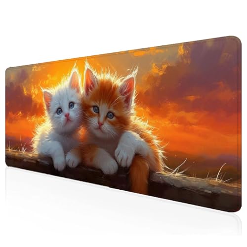 Niedlich Mousepad XXL 800x400x3mm Gaming Mauspad Kat Schreibtischunterlage mit Vernähte Kanten Wasserdicht Anti-Rutsch Groß Erweiterter Keyboard Pad für Home Office Computerzubehör F-8 von Mefooge