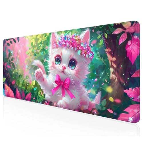 Weiß Mousepad XXL 900x400x3mm Gaming Mauspad Kat Schreibtischunterlage mit Vernähte Kanten Wasserdicht Anti-Rutsch Groß Erweiterter Keyboard Pad für Home Office Computerzubehör S-1 von Mefooge