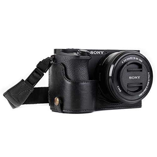 MegaGear Ever Ready Echtleder Kamera-Halbtasche mit Trageriemen und Batteriezugang für Sony Alpha A6500 schwarz von MegaGear