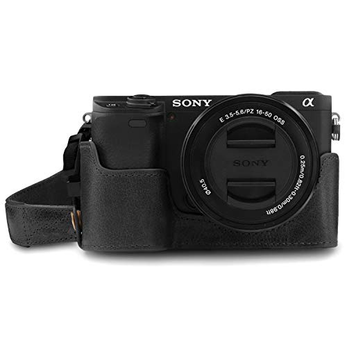MegaGear MG1641 Ever Ready Kameratasche aus echtem Leder, kompatibel mit Sony Alpha A6100, A6400, Schwarz von MegaGear