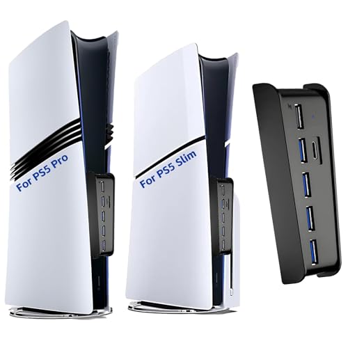 6 Ports USB Hub für PS5 Pro/Slim Konsole, High-Speed Expander Hub Ladeanschluss mit 4 USB-A 2.0 + 1 USB Ladeanschluss + 1 Typ C Anschluss, Kompatibel mit Playstation 5 Pro/Slim Frontbuchsen von Megadream