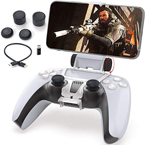 Handyhalter für PS5 Controller, Megadream Gaming Mount Clip Ständer für Playstation 5 Dual Controller, Unterstützt iPhone/Android/PS Remote Play–Inklusive OTG-Kabel/4 Daumengriffkappen/Typ C Konverter von Megadream