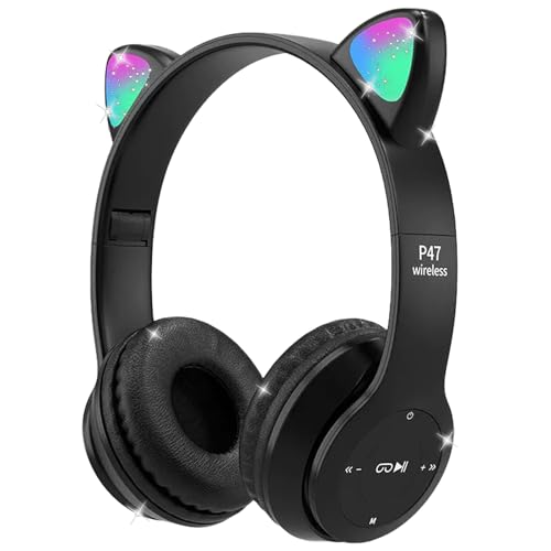 Kinder-Kopfhörer, Megadream Bluetooth-Over-Ear-Kopfhörer mit Mikrofon, Katzenohr-LED-Licht, Kind-Headset, TF-Karte/kabelgebundene faltbare Kopfhörer für Mädchen, Jungen, Geschenk ab 8 Jahren (schwarz) von Megadream