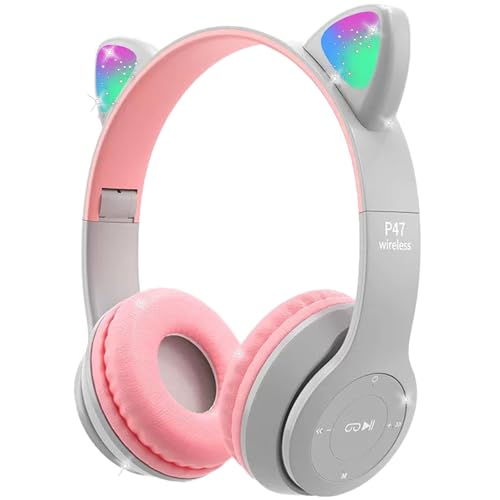 Kinder-Kopfhörer, Megadream Bluetooth-Over-Ear-Kopfhörer mit Mikrofon, Katzenohr-LED-Licht, Kind-Headset, TF-Karte/kabelgebundene faltbare Kopfhörer für Mädchen und Jungen, Geschenk ab 8 Jahren (grau) von Megadream