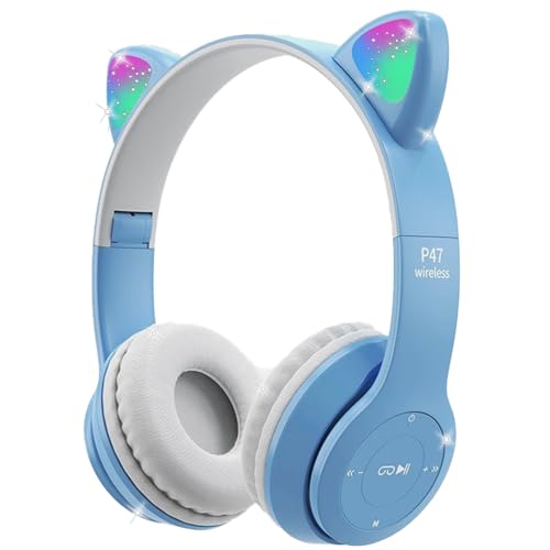 Megadream Kinder Katzenohren Kopfhörer, Bluetooth Kopfhörer LED Light Up Kinder Wireless Kabellose Faltbare Headset Over Ear für Mädchen/Junge Alter 8+ (Blau) von Megadream