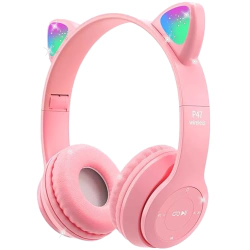 Megadream Kinder Katzenohren Kopfhörer, Bluetooth Kopfhörer LED Light Up Kinder Wireless Kabellose Faltbare Headset Over Ear für Mädchen/Junge Alter 8+ (ROSA) von Megadream