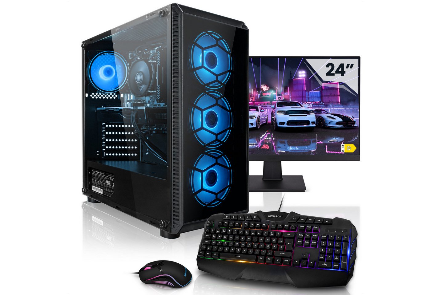Megaport Gaming-PC (24 Zoll, Intel Core i5-10400F 6x2,90 GHz 10400F, GeForce GTX 1650 4GB, 16 GB RAM, 500 GB SSD, Luftkühlung, Windows 11, WLAN) von Megaport