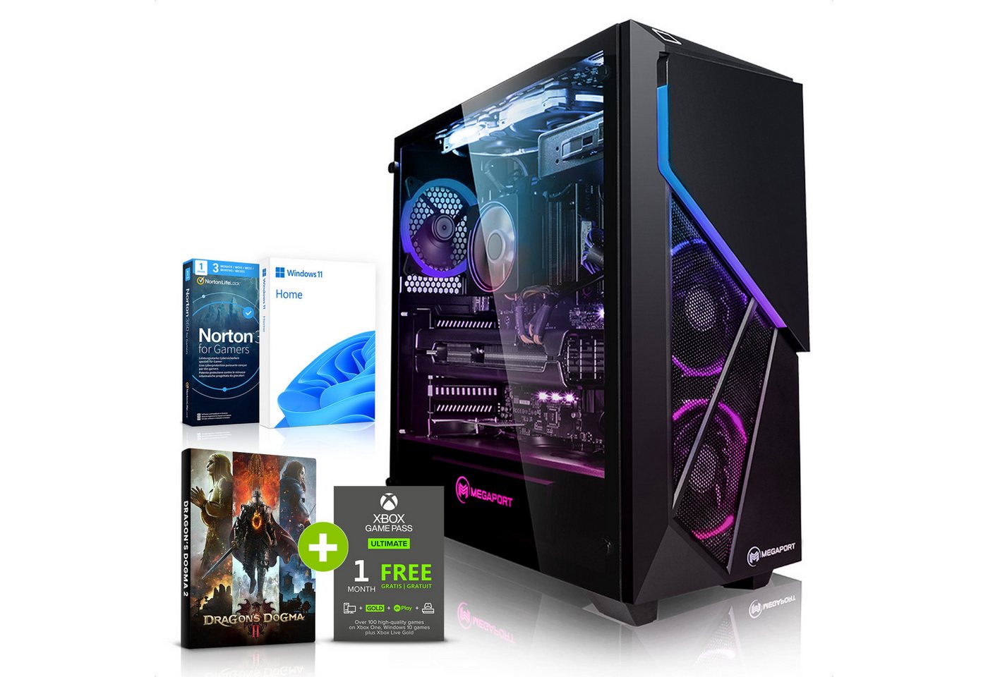 Megaport Gaming-PC (AMD Ryzen 5 7500F 6x3.7 GHz 7500F, GeForce RTX 4070, 32 GB RAM, 1000 GB SSD, Luftkühlung, Windows 11 Home, WLAN) von Megaport