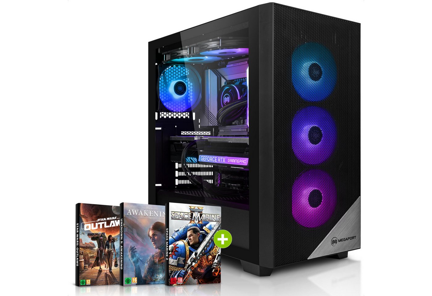 Megaport Gaming-PC (AMD Ryzen 7 7700 8x3.8 GHz 7700, GeForce RTX 4080 Super, 32 GB RAM, 1000 GB SSD, Wasserkühlung, OHNE Betriebssystem) von Megaport