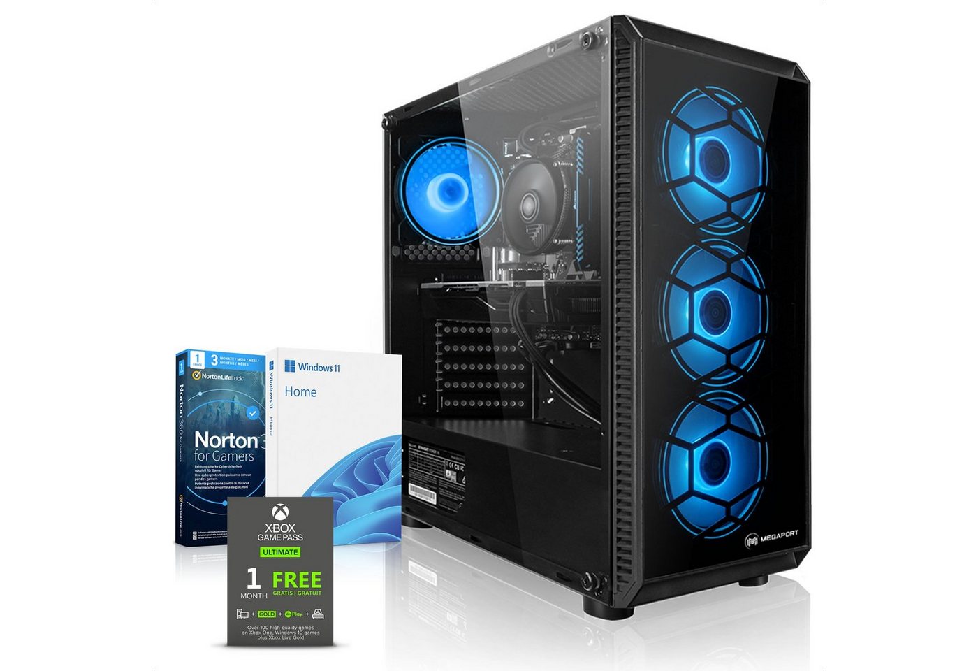 Megaport Gaming-PC (Intel Core i5 12400F, Nvidia GeForce GTX1650, 8 GB RAM, 500 GB SSD, Luftkühlung, Windows 11, WLAN) von Megaport