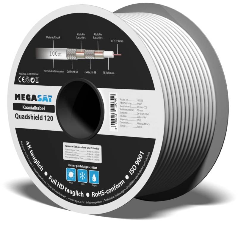MEGASAT Koaxialkabel Quad Shield 120, 110 dB, 100 m von Megasat