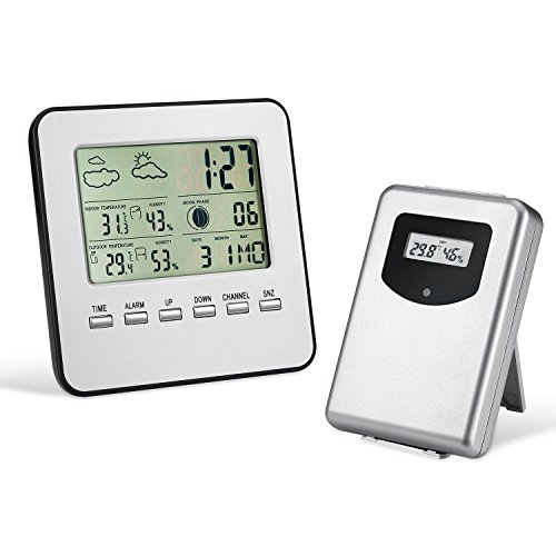 Meichoon Outdoor-Uhren und Thermometer für Terrasse,LCD-Elektronisch,Kabellos für Innen- und Außenbereich,Wetterstation Temperatur-/Luftfeuchtigkeitsmesser mit Zeit- und Wetteralarm,UD03 von Meichoon