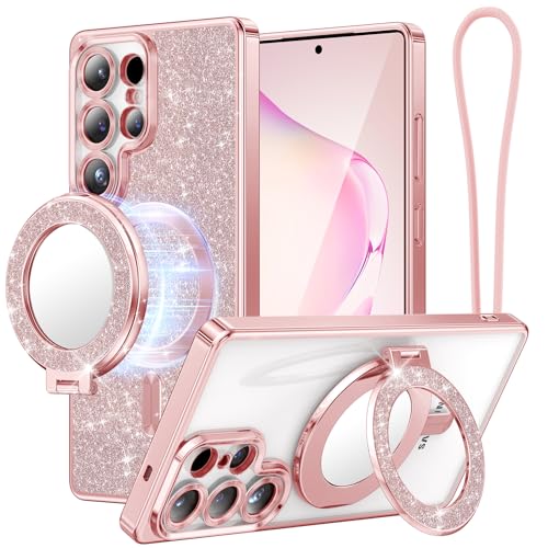 Magnetic Case with Handy Ring Halterung für Samsung Galaxy S25 Ultra, [Compatible with MagSafe] [Built in Mirror] [Glitter Card & Wrist Strap] Magnetic Handy Ring + s25 Ultra hülle Kit, Roségold von Meifigno