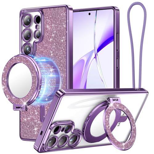 Magnetic Case with Handy Ring Halterung für Samsung Galaxy S25 Ultra, [Compatible with MagSafe] [Built in Mirror] [Glitter Card & Wrist Strap] Magnetic Handy Ring + s25 Ultra hülle Kit, Violettu von Meifigno