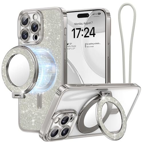 Meifgino Magnetische Schutzhülle mit abnehmbarem Telefonring-Ständer für iPhone 16 Pro Max 17,5 cm, [Glitzerkarte & Handschlaufe] [MagSafe kompatibel] [Eingebauter Spiegel] Telefonringständer + von Meifigno